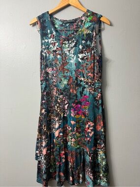 Peruvian  connection stretch midi dress in a rich floral print with a ruffle hem